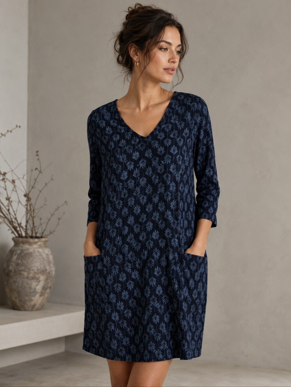 Yargici Blue Leaf Print Pocket Dress Medium 40 M